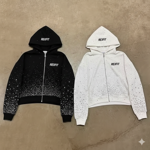 Sweat à capuche Rexfit Sports noir et blanc avec fermeture éclair, design en strass, coton premium, streetwear unisexe, logo personnalisé, vêtements de mode - Product Image 6