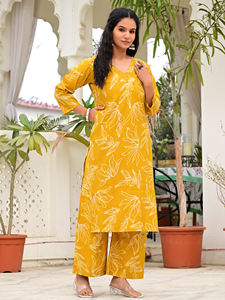 Ensemble Salwar Kameez pour femmes en coton imprimé feuilles jaune moutarde, longueur mollet, ethnique, pour fête, été, col en V, manches trois quarts, séchage rapide - Product Image 4