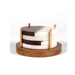 Marble <b>and</b> Wood <b>Coasters</b> <b>Set</b> of 4 Round Half Natural Wood <b>and</b> Marble Mango <b>coaster</b> Made in India - Product Image 6