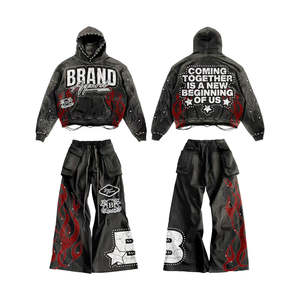 Ensemble sweat-shirt et pantalon de survêtement décontracté surdimensionné en coton lourd, délavé à l'acide, avec impression sérigraphique, manches brodées, effet usé, strass - Product Image 1