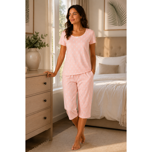 Ensemble Capri en tissu doux double premium pour femmes - Combinaison de nuit respirante imprimée pour la maison (NCSDC3494PC) - Product Image 1