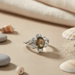 925 <b>Silver</b> Smoky Quartz Statement <b>Ring</b> for Women Handmade <b>Boho</b> Floral Design Platinum with Pear Cut Topaz Main Material - Product Image 2