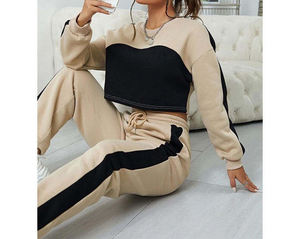 Conjunto de chándal de bloque de color personalizable para mujer, sudaderas con capucha y joggers de lana, ropa deportiva de gimnasio de talla grande para verano con logotipo - Product Image 3