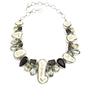 Nouveauté Collier en forme de cabochon en argent sterling 925 avec plusieurs pierres précieuses naturelles, bijoux faits à la main, fournisseur en gros - Product Image 1