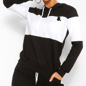 Conjunto de chándal de cuello redondo de bloque de Color de algodón 100% transpirable de Invierno para mujer cintura elástica deportiva - Product Image 4