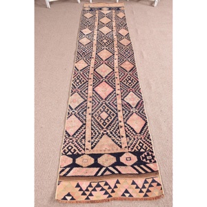 Alfombra Vintage de 2.2x11 pies, Alfombra Turca con Diseño Floral Azul - Product Image 1