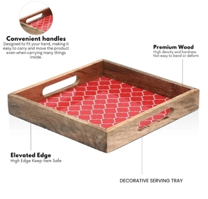 Bandeja cuadrada de madera de mango rojo marroquí de 10 pulgadas con asas, bandeja decorativa para servir, Plato decorativo para mesa de desayuno - Product Image 6