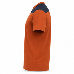 Camiseta de Algodón con Cuello Redondo Color Naranja Óxido Personalizada con Paneles en los Hombros Color Azul Marino, Ropa Casual para Hombre, Proveedor Mayorista - Product Image 5