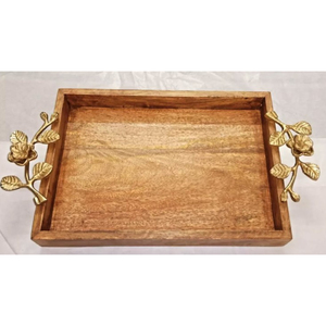 Plateau de service décoratif créatif en bois de manguier avec poignées en feuille d'or, plateau de service rectangulaire en bois pour la décoration de table, pour la maison et les événements - Product Image 1