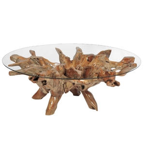 โต๊ะกาแฟไม้สักแท้ ฐานแกะสลักธรรมชาติ งานฝีมือไม้สักแท้ ท็อปกระจก เฟอร์นิเจอร์ห้องนั่งเล่นสไตล์โบราณ - Product Image 5