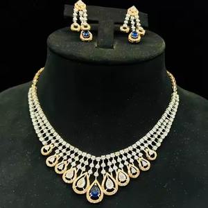 Ensemble de colliers exquis en or massif 14K 18K avec diamants naturels Accents de pierre synthétique bleue Boucles d'oreilles assorties certifiées par des tiers - Product Image 6