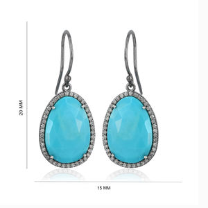 ต่างหูเพชรแท้ประดับพลอยเทอร์ควอยซ์เงินแท้ 925 ดีไซน์เก๋ แบบห้อย ขายส่ง - Product Image 1