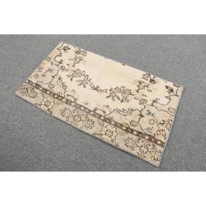 Tapis turc vintage en laine 1,5x2,6 pieds, design patchwork écologique avec envers en latex, beige brun ombré - Product Image 2