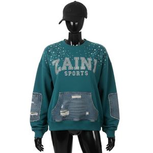 Sudadera de Mujer, Mezcla de Algodón Grueso, Color Verde Azulado, Panel de Mezclilla, Estampado de Diamantes de Imitación, Logotipo Personalizado, Sudaderas Transpirables para Mujer - Product Image 1