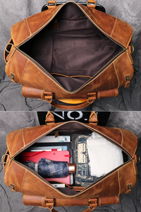 Genuine Leather Foldable Portable <b>Duffel</b> <b>Bag</b> Weekender Travel Carry-On with Zipper Closure Adjustable Strap Brown - Product Image 5