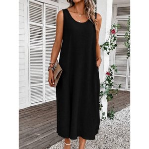 Vestido Largo con Tirantes y Cuello Redondo para Mujer, con Bolsillos, 34770 - Negro - Product Image 1