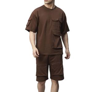 Conjunto Deportivo de 2 Piezas Vintage con Bolsillos, Transpirable, de Poliéster/Algodón, para Hombre, Camiseta y Pantalones Cortos, Conjunto Personalizado con Estampado - Product Image 1