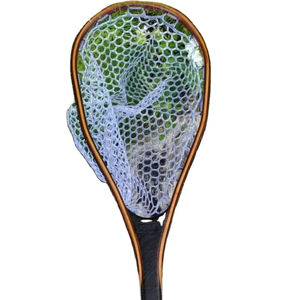 Épuisette de pêche à la mouche d'extérieur avec cadre en bois et filet en caoutchouc, outil de capture de truites à lancer à la main - Product Image 1