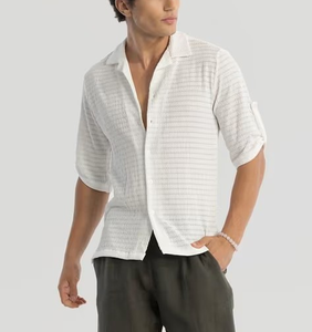 Custom Logo Cotton Twill Cuban Collar <b>Men's</b> Shirts <b>Chain</b> Embroidery Boxy Cropped <b>Men</b> Designer Shirt - Product Image 1