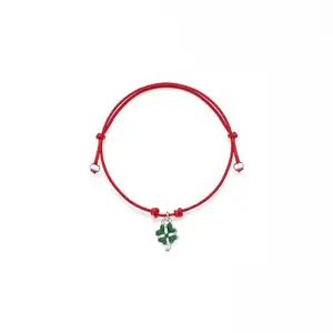 Handmade in Italy- Mini Cotton Cord Bracelet with Mini Four-Leaf Clover Charm in Sterling Silver and Enamel