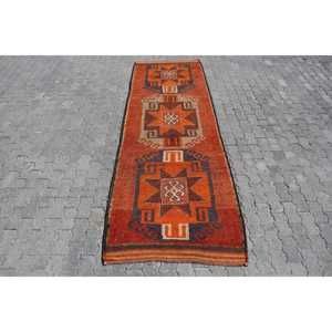 3.37x10.5 ft Turkish Rug, Vintage <b>Runner</b> Rug, <b>Red</b> Brown Striped Wool Rug - Product Image 1