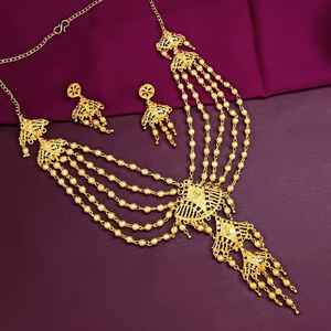 Joyería chapada en oro con grabado indio, joyería de boda, Gargantilla multicapa Floral, collar de novia, conjunto de pendientes, joyería para mujer - Product Image 2