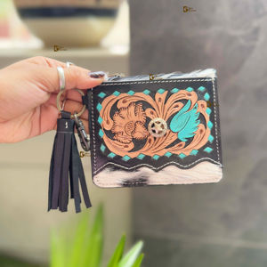 Nouvelle arrivée cuir de vachette fourrure porte-monnaie élégant pochette mince portefeuille couleur Turquoise usiné à la main en cuir Western unisexe sac à main - Product Image 1