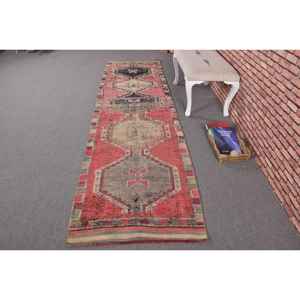 Tapis turc 2,8 x 10,4 pieds, tapis de couloir vintage, tapis ombré rouge et gris - Product Image 1