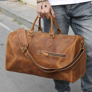 Sac de voyage pliable en cuir véritable léger grande capacité avec fermeture éclair, durable, marron - Product Image 1