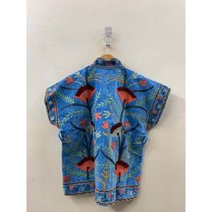 Indigo Garden Reversible <b>Quilted</b> <b>Jacket</b> for Ladies Cornflower Blue Suzani Embroidered Velvet Floral <b>Pattern</b> XL Size for Spring - Product Image 4