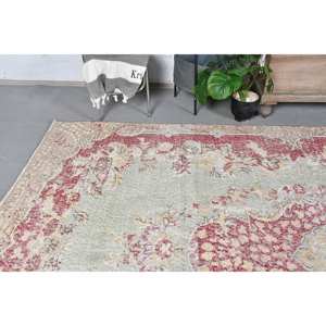 Alfombra turca Vintage rojo Beige 6x8 pies patrón de retazos abstracto de piel de lana hecho a mano para entrada 10mm de espesor con respaldo de látex - Product Image 3