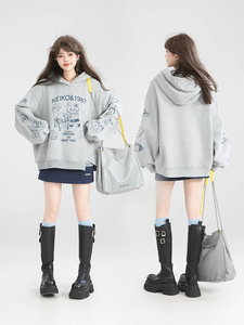 Moda Sweet Cool Girl Graffiti Print Grey Fleeced Sudaderas Irregular Loose Casual Manga larga Sudaderas con capucha Chaquetas Mujer Otoño - Product Image 3