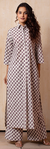 Kurta de Algodón Blanco con Estampado Floral en Boti Morado, Camisa Larga con Estampado a Mano, Ecológica, Informal para Verano y Otoño - Product Image 2