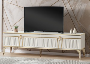 Moderno Soporte de TV Convertible de Madera Maciza Negra y Dorada con Almacenamiento para Televisores de 65 Pulgadas y Más Grandes, Mueble de Salón con Montaje en Suelo - Product Image 2