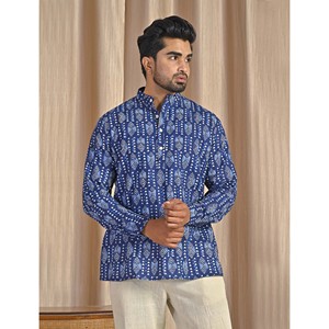 Kurta court en coton popeline bleu imprimé pour homme, chemise décontractée à manches longues, respirante et confortable - Product Image 5