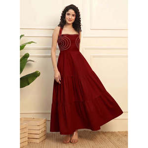 Deebaco Women's Maroon Cotton Boho Maxi <b>Dress</b> Solid Tiered A-Line Sleeveless Casual Daily Western Wear Lace Woven - Product Image 1