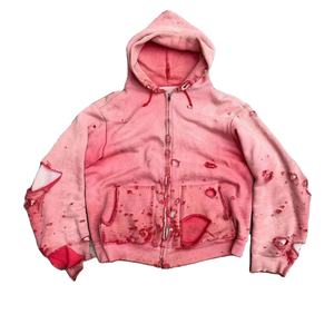 เสื้อฮู้ดมีซิป450gsm ผ้าฝ้ายเฮฟวี่เวทมีรอยขาดเป็นแสงแดดแบบกำหนดเอง - Product Image 1