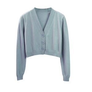 New Women's Korean Style <b>Short</b> <b>Sleeve</b> V Neck Sweater Green Blue Casual Knitted <b>Crop</b> <b>Cardigan</b> Top Button Thin Front - Product Image 4