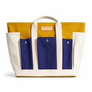 MORGANS INDUSTRIES Panelled <b>Canvas</b> <b>Tote</b> Bag <b>Canvas</b> Lining Embroidery Decor Mustard Blue White Open Top Shopping Bag All Seasons - Product Image 1
