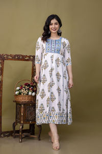 Vestido Maxi de Algodón con Estampado Floral Étnico Indio, Estilo Bohemio con Estampado y Mangas Largas, Conjunto Casual Kurta para Mujer - Product Image 3