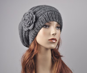 Women's Winter Wool Beret Hat Hand Knit Oversized <b>Bonnet</b> with Crochet Flower Charcoal/Dark Grey for Outdoor/Casual Wear - Product Image 1