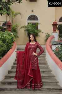 Georgette de imitación de moda india con lentejuelas e hilo bordado trabajo pesado Kurta Sharara traje con trabajo pesado Dupatta para mujer - Product Image 4