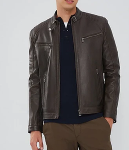 Veste Biker Homme Marron Foncé 100% en Cuir avec Fermeture Éclair et Col Montant, Couleur Unie Décontractée pour Hiver - Product Image 5