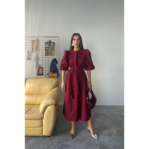 Vestido Casual Color Borgoña con Mangas Tipo Sandía en Tencel - Product Image 2