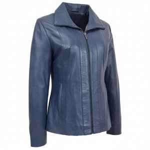 Veste de motard décontractée ajustée en cuir véritable de mouton bleu pour femme avec doublure en coton Vêtement d'extérieur - Product Image 6