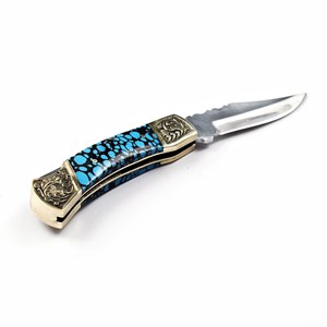 Navaja Plegable de Acero Inoxidable con Mango Turquesa, Funda de Cuero Personalizada, EDC de Bolsillo, para Caza, Camping, Grado Industrial - Product Image 6
