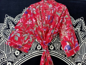 Robe Kimono en coton grande taille pour femmes imprimé oiseau robe de chambre à manches trois-quarts Sexy plage couverture pour printemps été automne - Product Image 5