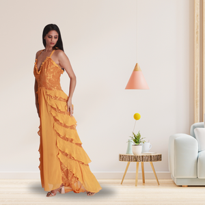 Robe de sirène sans manches à la main en dentelle jaune pour femmes - Product Image 2