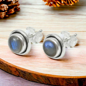 Dainty Gift for Her 925 <b>Sterling</b> <b>Silver</b> Natural Labradorite Gemstone Round Shape <b>Stud</b> Earrings Bohemian Handmade Jewelry India - Product Image 2