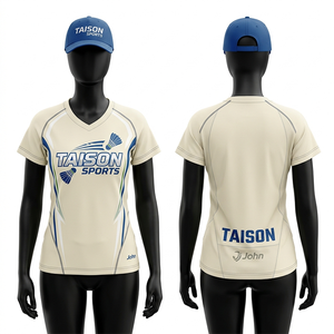 เสื้อแบดมินตันหญิง 145 GSM ผ้าโพลีเอสเตอร์อินเตอร์ล็อค ระบายอากาศได้ดี สีครีม แขนเสื้อแบบแร็กแลน  ออกแบบโลโก้แบบซับลิเมชั่นตามสั่ง - Product Image 1